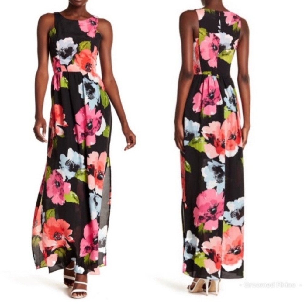Vince Camuto Black Maxi Dress with Pink Coral and White Floral Print